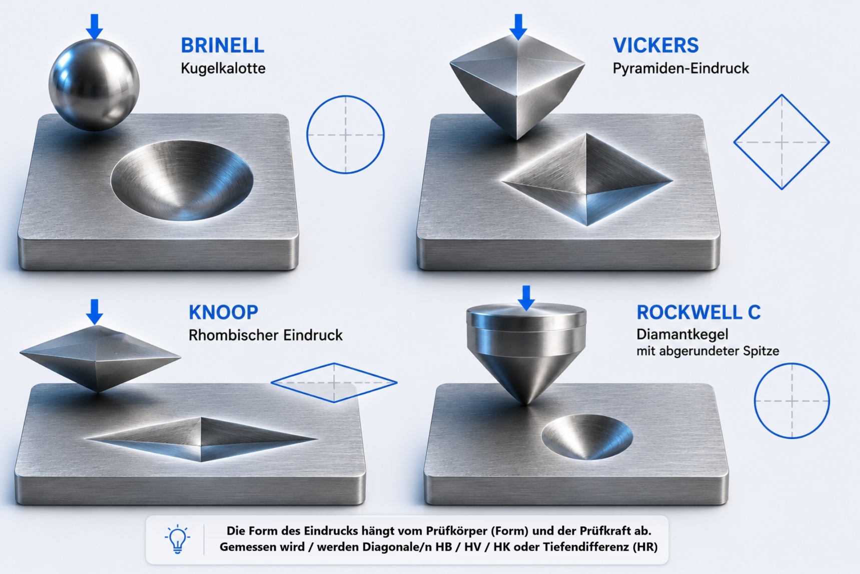Eindringkörper Härteprüfeindrücke Brinell Vickers Knoop Rockwell