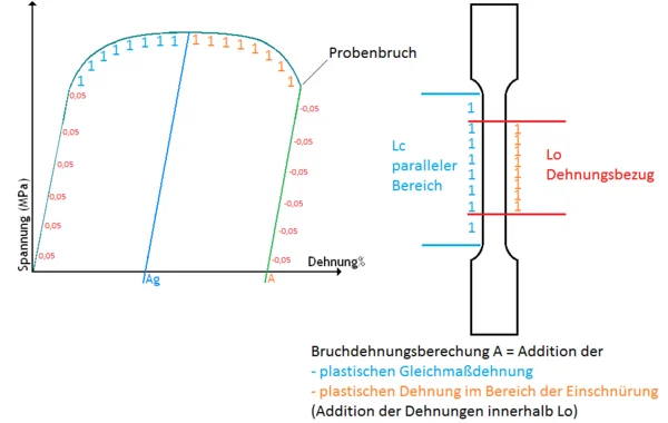 Bei der Bruchdehnungsberechnung dürfen nur Verlängerungen innerhalb Lo in die Berechnung einbezogen werden.
